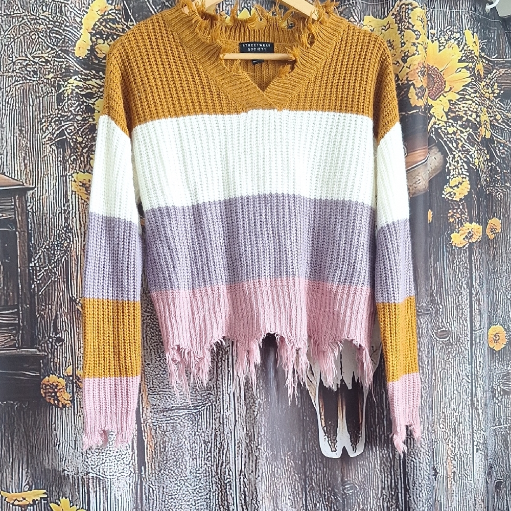 Streetwear Society V-Neck Sweater - Mustard, White, Purple, Pink